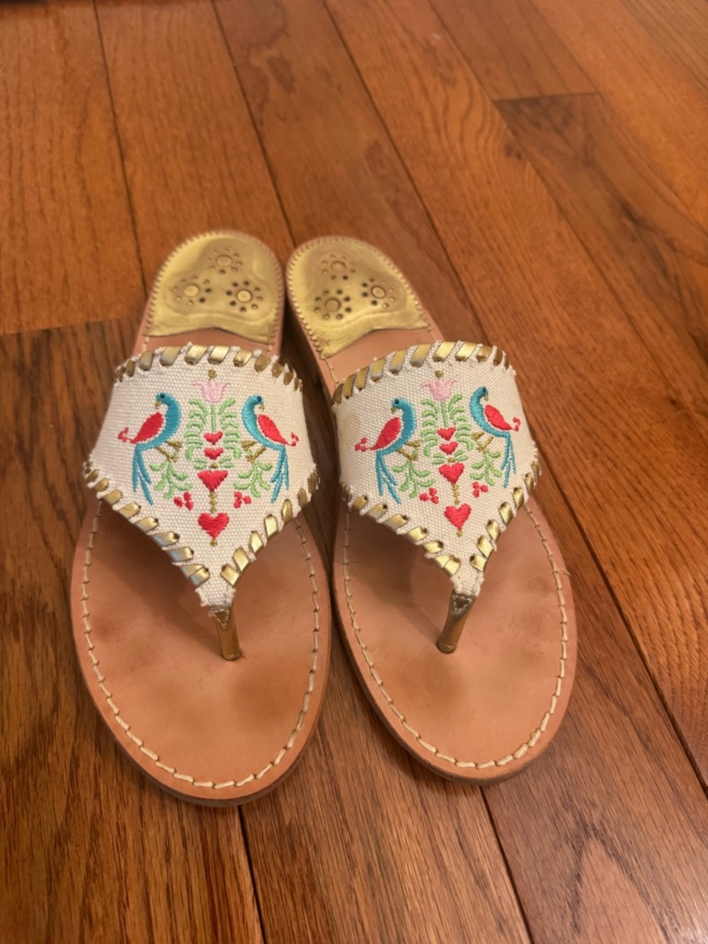 Jack Rogers Parrots Cream Embroidered Thong Sandal with Gold Accents - Picture 2 of 8